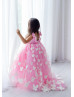 Pink Satin Tulle Butterflies Flower Girl Dress Kids Ball Gown